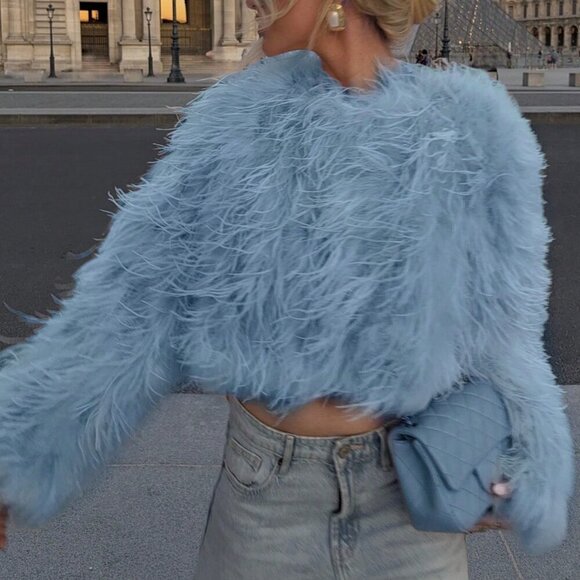 Blue Casual Women's Crew Neck Long Haired Coat - Picture 3 of 4